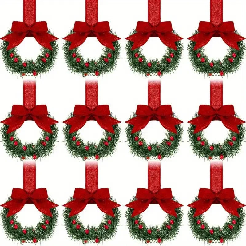 12pcs Mini Christmas Wreaths with Red Bow & Berries - Artificial Cedar-Like Greenery Garland with White Ribbon Hangers, Pre-Made Small Xmas Door/Cabinet/Chair Decorations, Plastic Mini Wreath Ornaments for Holiday Décor (No House Of Avana