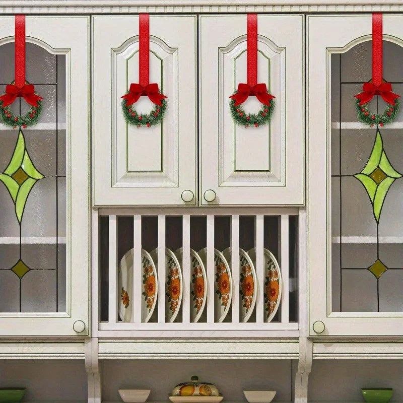 12pcs Mini Christmas Wreaths with Red Bow & Berries - Artificial Cedar-Like Greenery Garland with White Ribbon Hangers, Pre-Made Small Xmas Door/Cabinet/Chair Decorations, Plastic Mini Wreath Ornaments for Holiday Décor (No House Of Avana