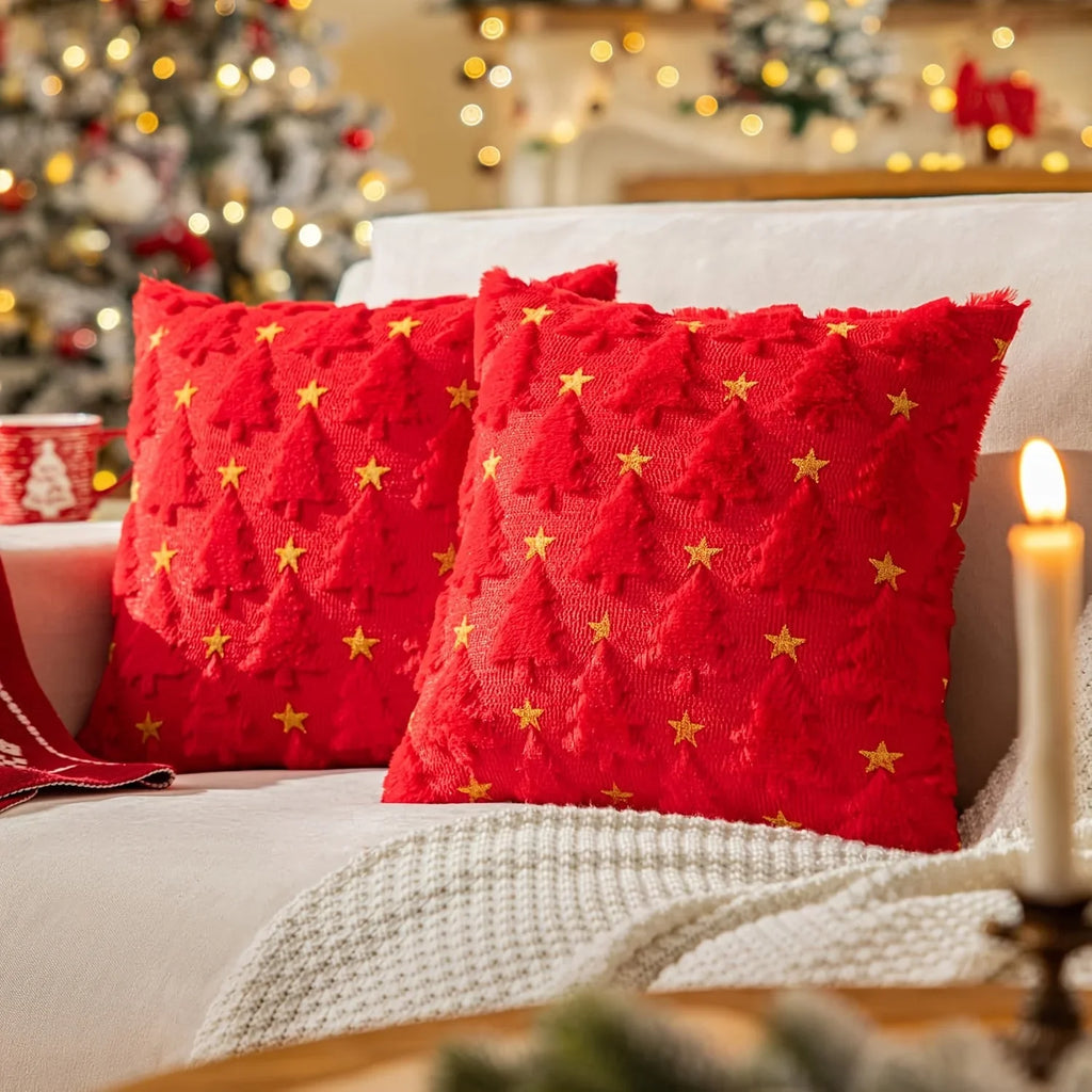 2pcs Large 45.72x45.72 cm Luxury Plush Christmas Pillow Covers - Green/Red/White/Golden Lace-Like Snowflake & Star Patterns, Soft Zippered Cushion Cases for Sofa Bed, Retro Holiday Decor (Golden/Green/White) - Hand Wash Only, House Of Avana