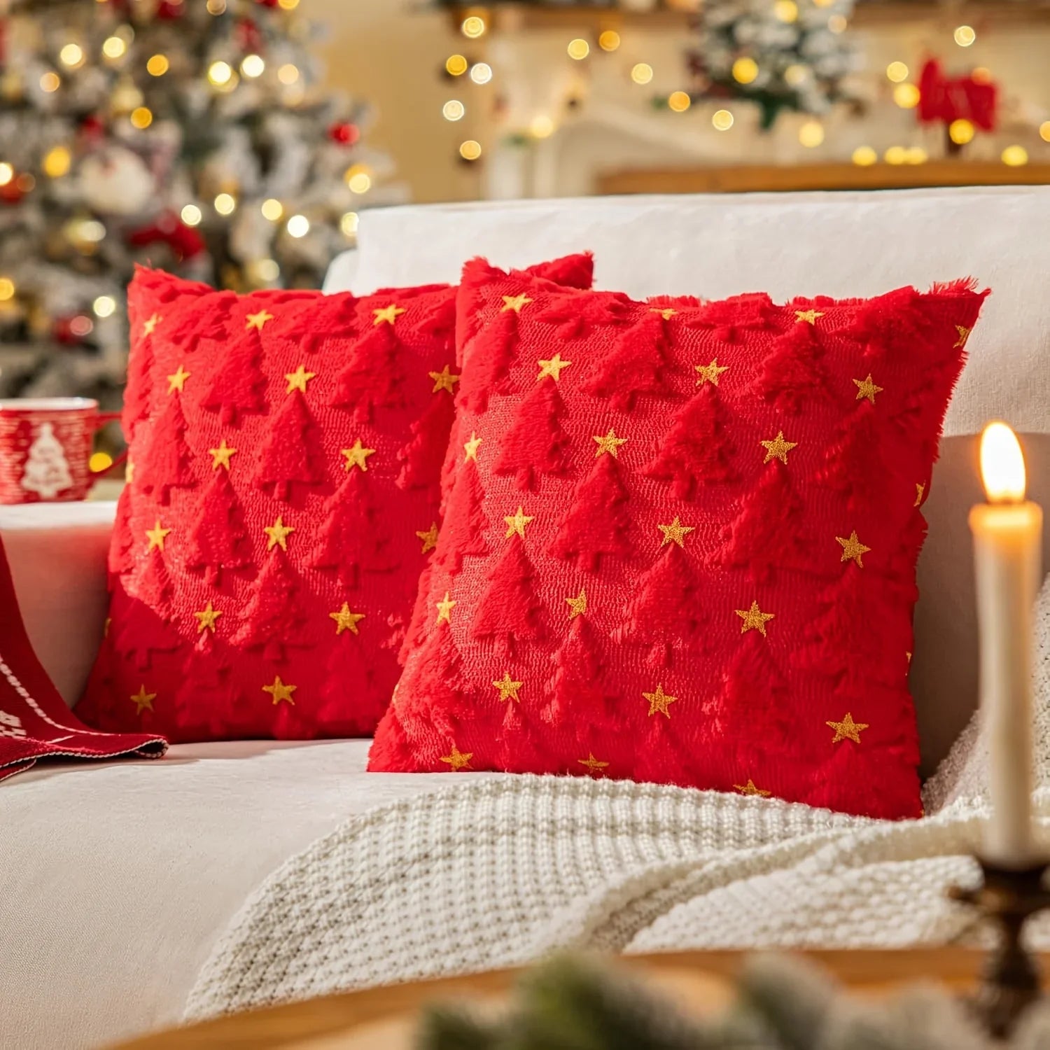 2pcs Large 45.72x45.72 cm Luxury Plush Christmas Pillow Covers - Green/Red/White/Golden Lace-Like Snowflake & Star Patterns, Soft Zippered Cushion Cases for Sofa Bed, Retro Holiday Decor (Golden/Green/White) - Hand Wash Only, House Of Avana