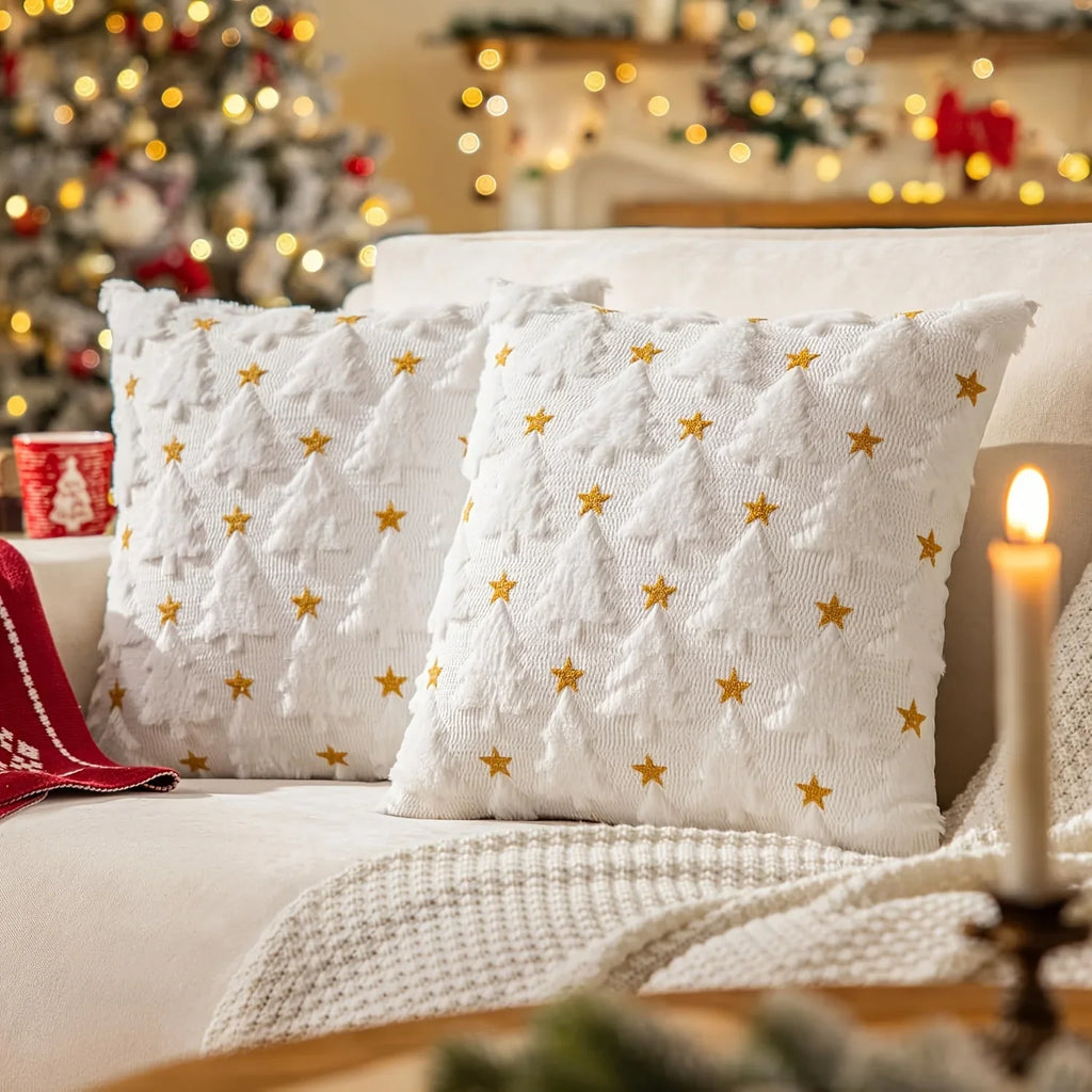 2pcs Large 45.72x45.72 cm Luxury Plush Christmas Pillow Covers - Green/Red/White/Golden Lace-Like Snowflake & Star Patterns, Soft Zippered Cushion Cases for Sofa Bed, Retro Holiday Decor (Golden/Green/White) - Hand Wash Only, House Of Avana