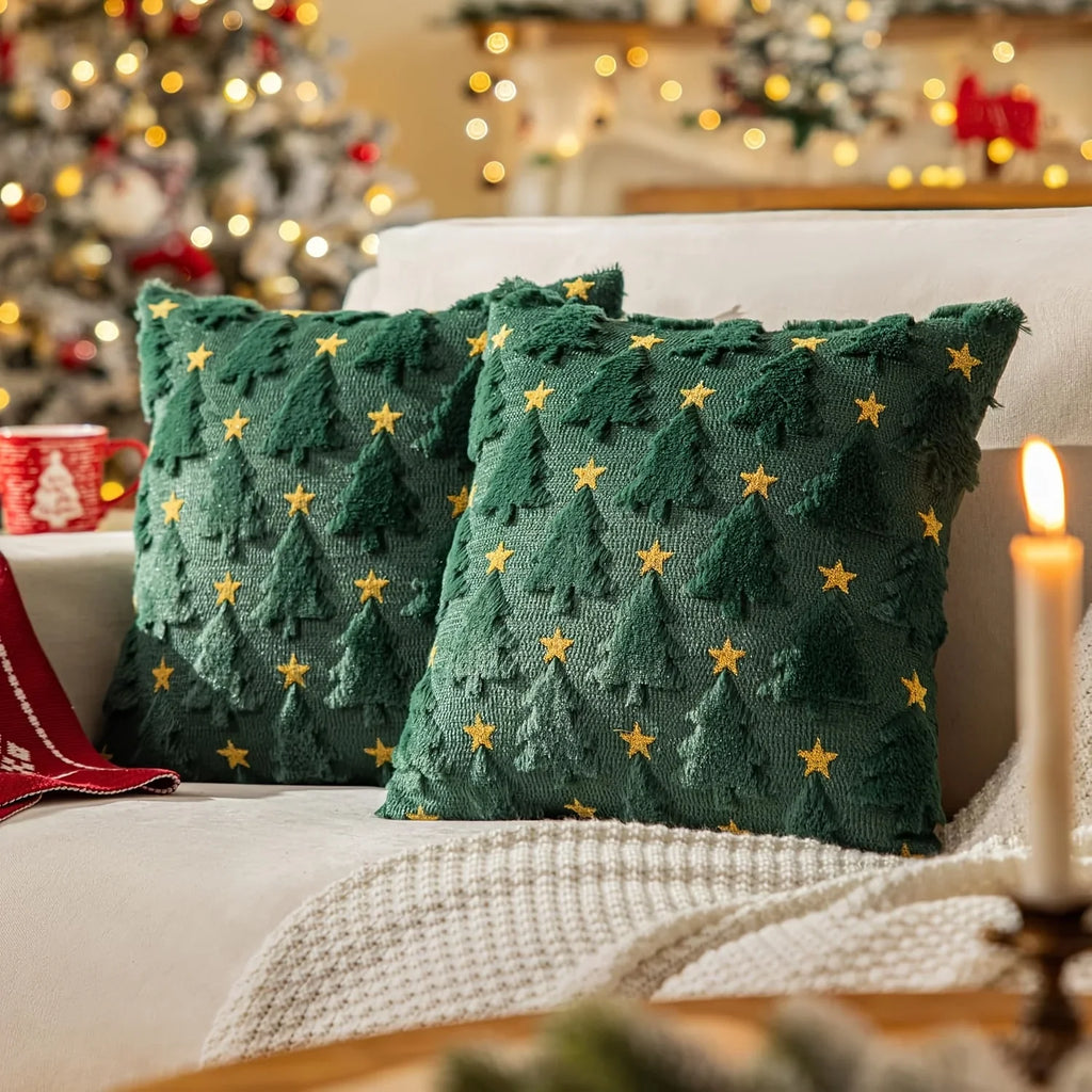 2pcs Large 45.72x45.72 cm Luxury Plush Christmas Pillow Covers - Green/Red/White/Golden Lace-Like Snowflake & Star Patterns, Soft Zippered Cushion Cases for Sofa Bed, Retro Holiday Decor (Golden/Green/White) - Hand Wash Only, House Of Avana