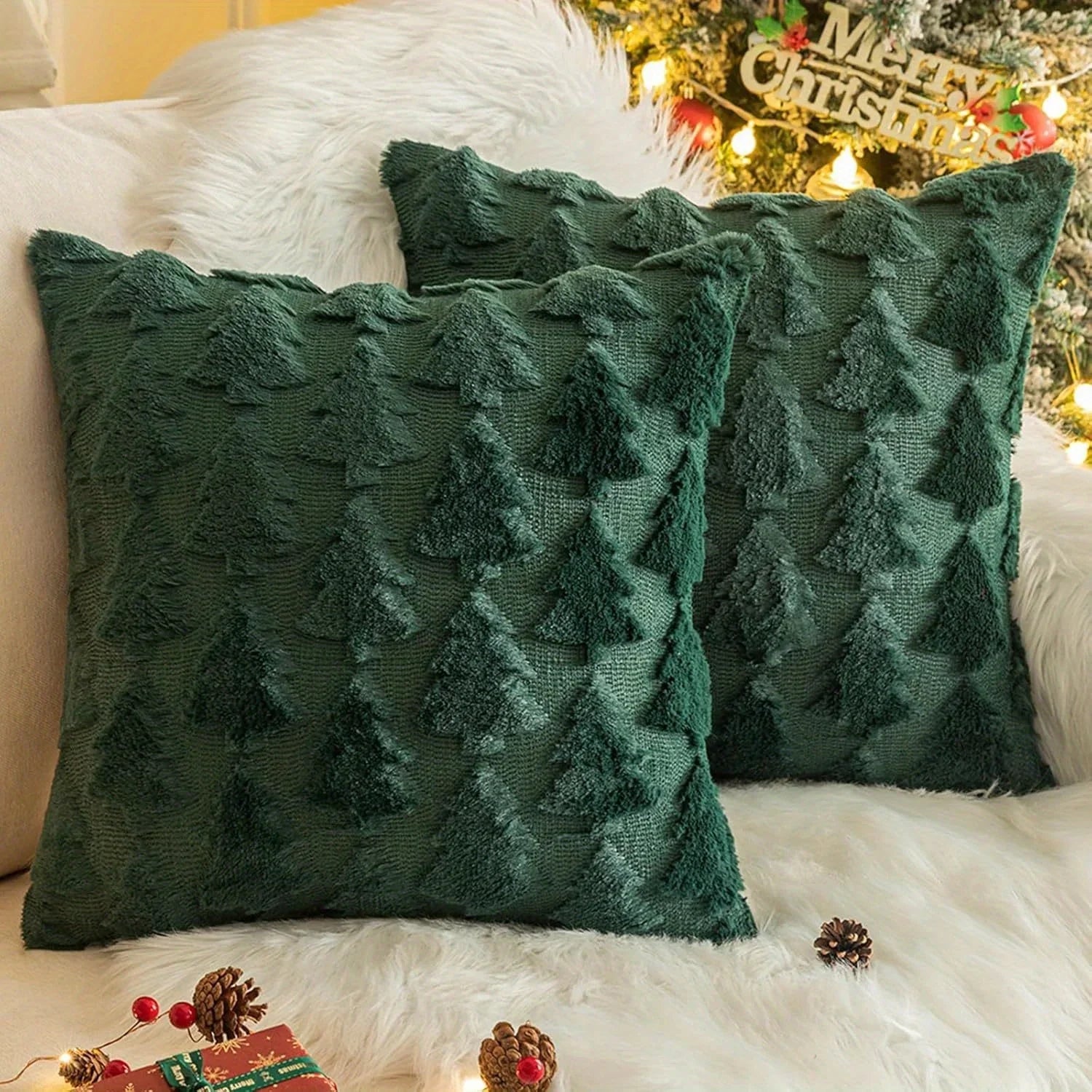 2pcs Large 45.72x45.72 cm Luxury Plush Christmas Pillow Covers - Green/Red/White/Golden Lace-Like Snowflake & Star Patterns, Soft Zippered Cushion Cases for Sofa Bed, Retro Holiday Decor (Golden/Green/White) - Hand Wash Only, House Of Avana