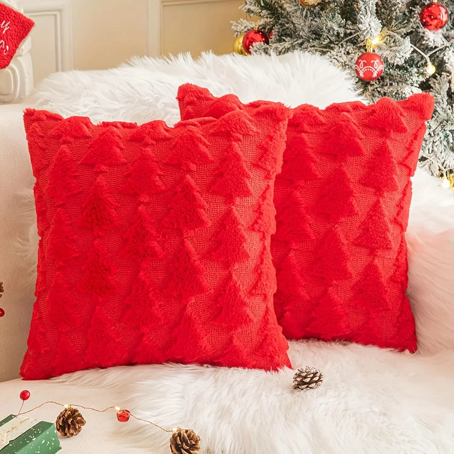 2pcs Large 45.72x45.72 cm Luxury Plush Christmas Pillow Covers - Green/Red/White/Golden Lace-Like Snowflake & Star Patterns, Soft Zippered Cushion Cases for Sofa Bed, Retro Holiday Decor (Golden/Green/White) - Hand Wash Only, House Of Avana