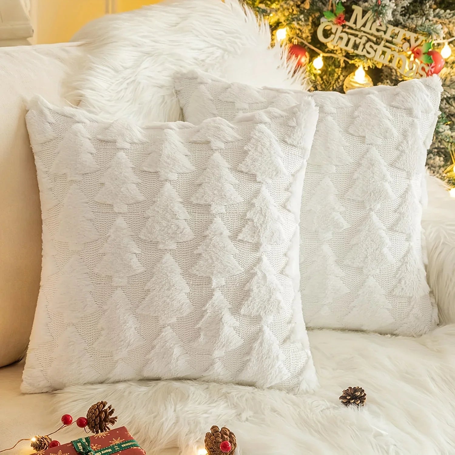 2pcs Large 45.72x45.72 cm Luxury Plush Christmas Pillow Covers - Green/Red/White/Golden Lace-Like Snowflake & Star Patterns, Soft Zippered Cushion Cases for Sofa Bed, Retro Holiday Decor (Golden/Green/White) - Hand Wash Only, House Of Avana