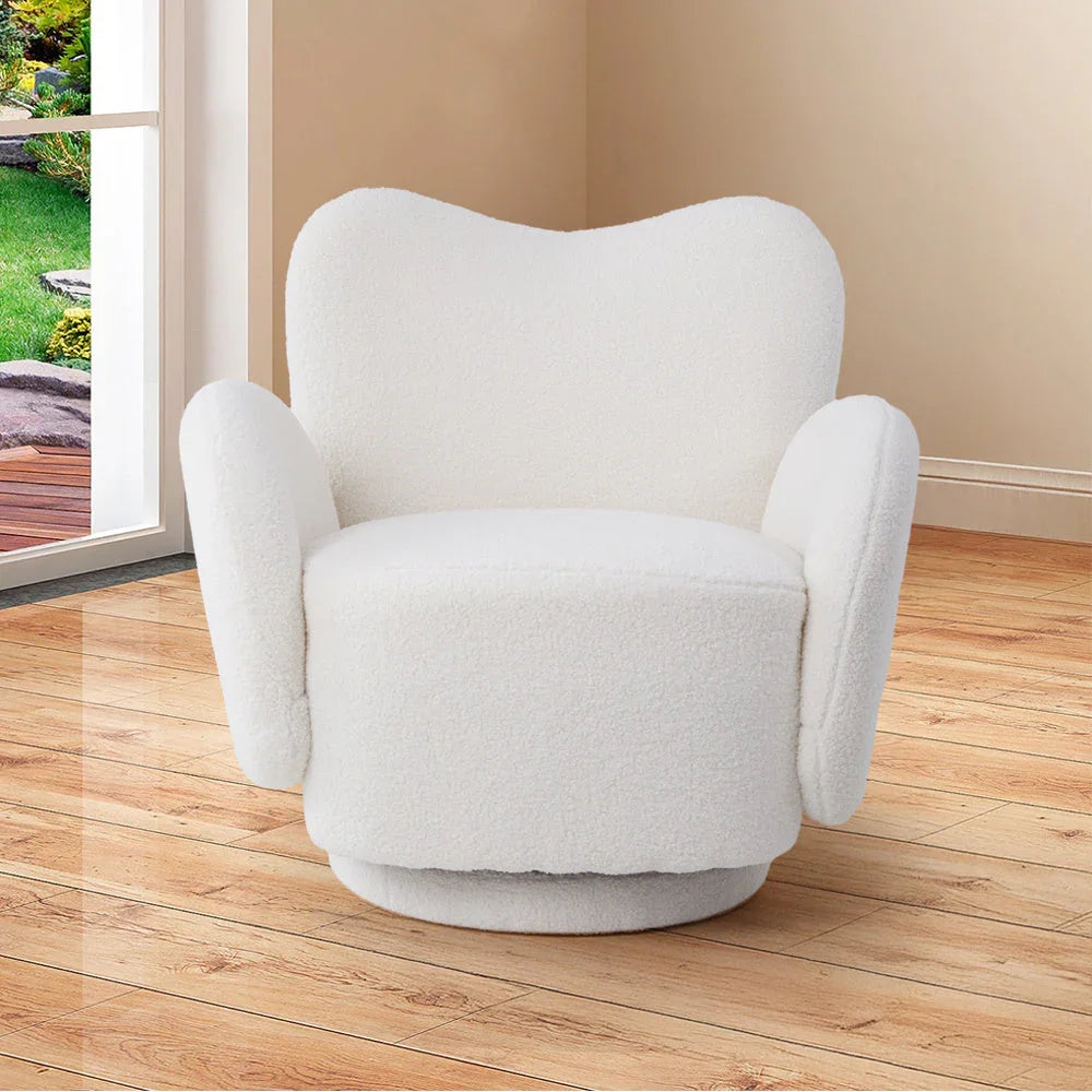 1pc 360° Swivel Plush Teddy Fabric Accent Chair, Sofas, Armchair, Swivel Chair- Heart-Shaped Back Rotating Lounge Chair with Removable Arms, Beige Reading Chair for Living Room Bedroom, Creamy White House Of Avana