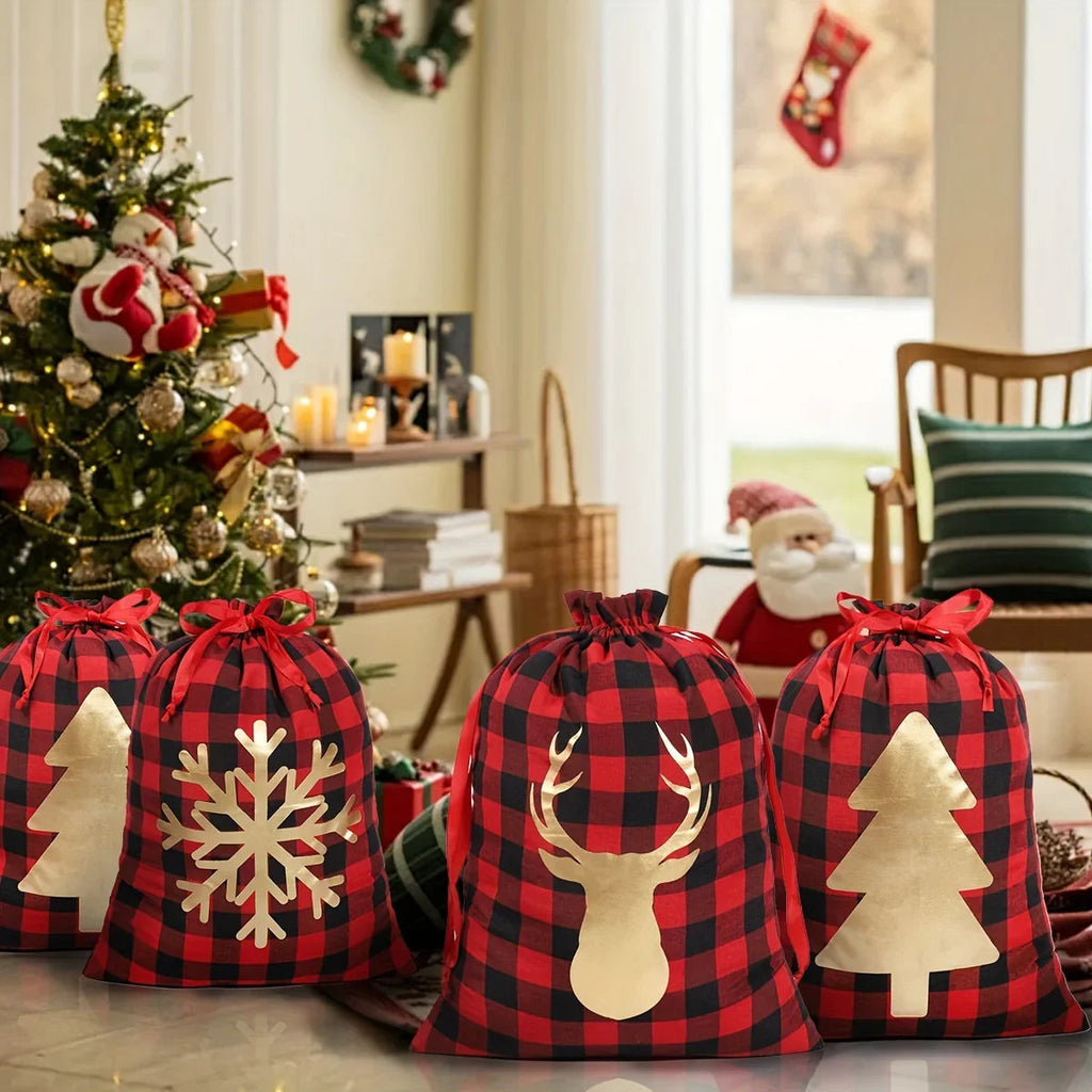 6pcs Christmas Gift Bags with Drawstring - Red & Checkered Deer & Snowflake Design, Medium Party Favor Bags with Golden Drawstring Closure, Reusable Polyester Blend For Xmas Presents, Santa Sacks, Festive Wrapping Sacks, Holi House Of Avana [[SKU:HOA-STO-037]]