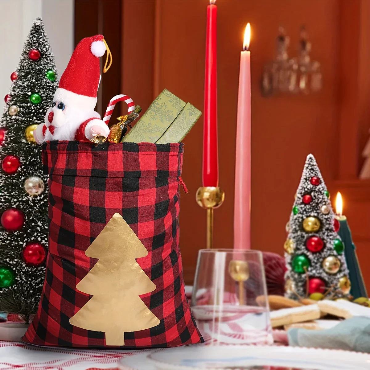 6pcs Christmas Gift Bags with Drawstring - Red & Checkered Deer & Snowflake Design, Medium Party Favor Bags with Golden Drawstring Closure, Reusable Polyester Blend For Xmas Presents, Santa Sacks, Festive Wrapping Sacks, Holi House Of Avana [[SKU:HOA-STO-037]]