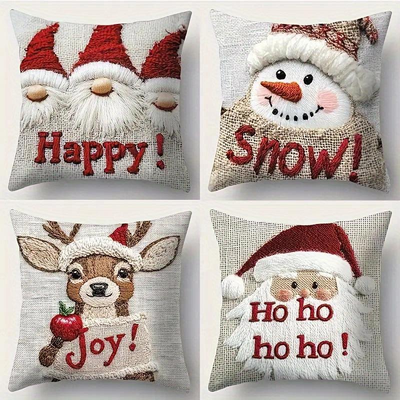 4pcs Christmas Pillow Covers, Faux Embroidery, 17.72x 17.72-Inch Polyester Fabric Modern Style Zipper Closure Machine Washable Holiday Santa Snowman Reindeer Gnome Apple Design for Home and Office Decor Couch Pad Cover House Of Avana