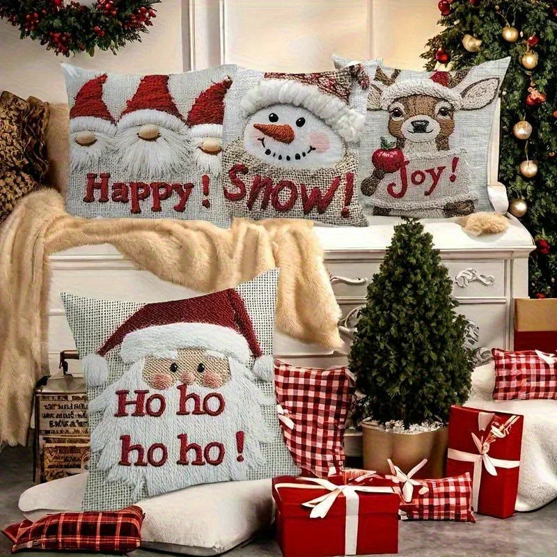 4pcs Christmas Pillow Covers, Faux Embroidery, 17.72x 17.72-Inch Polyester Fabric Modern Style Zipper Closure Machine Washable Holiday Santa Snowman Reindeer Gnome Apple Design for Home and Office Decor Couch Pad Cover House Of Avana