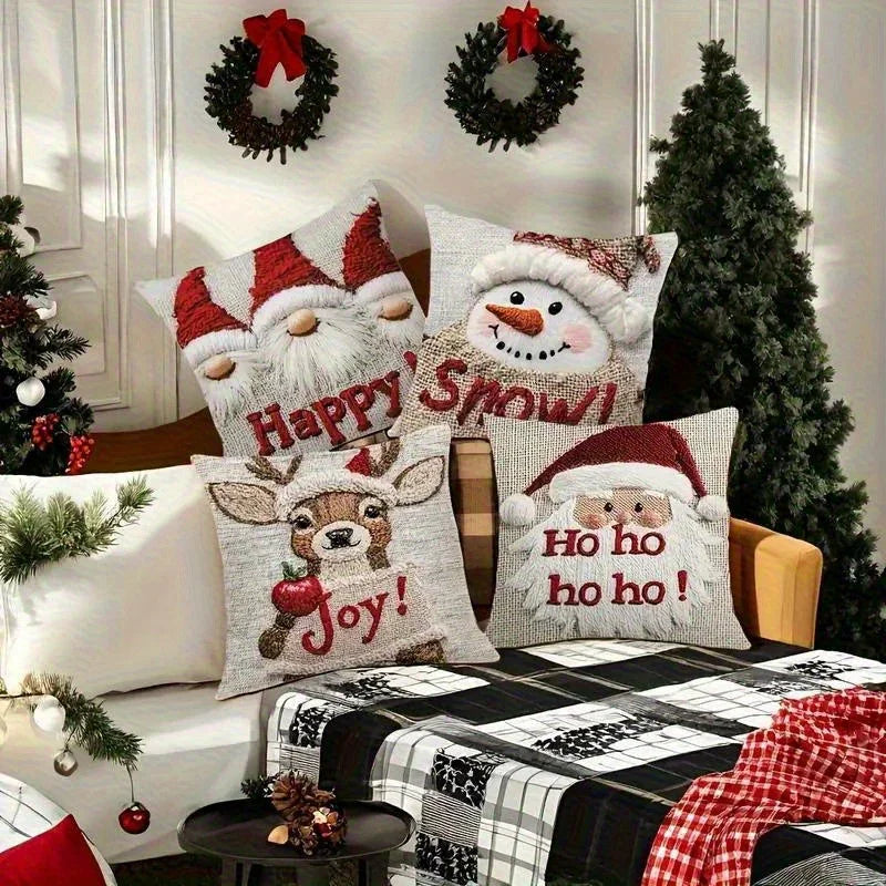 4pcs Christmas Pillow Covers, Faux Embroidery, 17.72x 17.72-Inch Polyester Fabric Modern Style Zipper Closure Machine Washable Holiday Santa Snowman Reindeer Gnome Apple Design for Home and Office Decor Couch Pad Cover House Of Avana