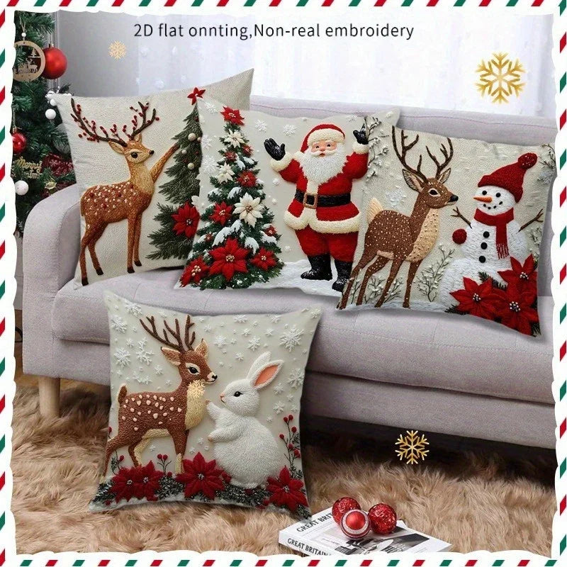 2D Flat - 4pcs Christmas Pillow Covers - Santa, Reindeer, Rabbit & Snowman Decorative Cases with Zipper Closure, Machine Washable /Polyester Fabric House Of Avana