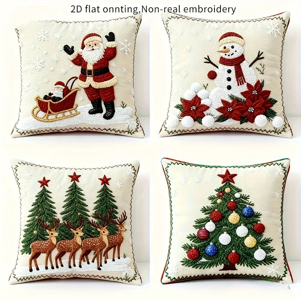 2D Flat - 4pcs Christmas Pillow Covers - Santa, Reindeer, Rabbit & Snowman Decorative Cases with Zipper Closure, Machine Washable /Polyester Fabric House Of Avana