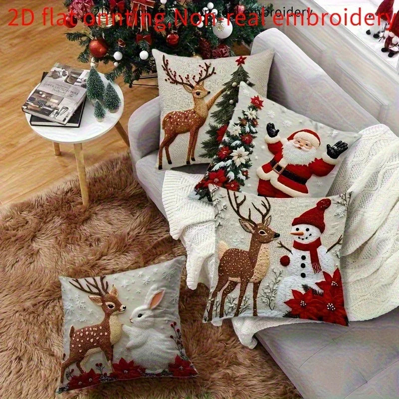 2D Flat - 4pcs Christmas Pillow Covers - Santa, Reindeer, Rabbit & Snowman Decorative Cases with Zipper Closure, Machine Washable /Polyester Fabric House Of Avana