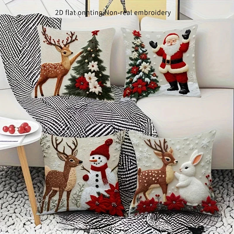 2D Flat - 4pcs Christmas Pillow Covers - Santa, Reindeer, Rabbit & Snowman Decorative Cases with Zipper Closure, Machine Washable /Polyester Fabric House Of Avana