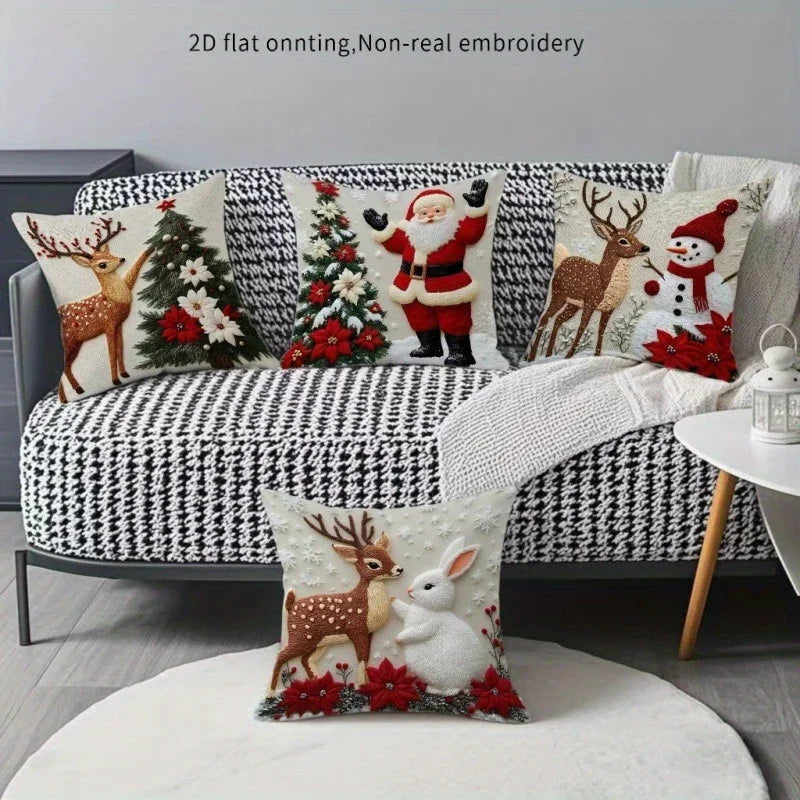 2D Flat - 4pcs Christmas Pillow Covers - Santa, Reindeer, Rabbit & Snowman Decorative Cases with Zipper Closure, Machine Washable /Polyester Fabric House Of Avana