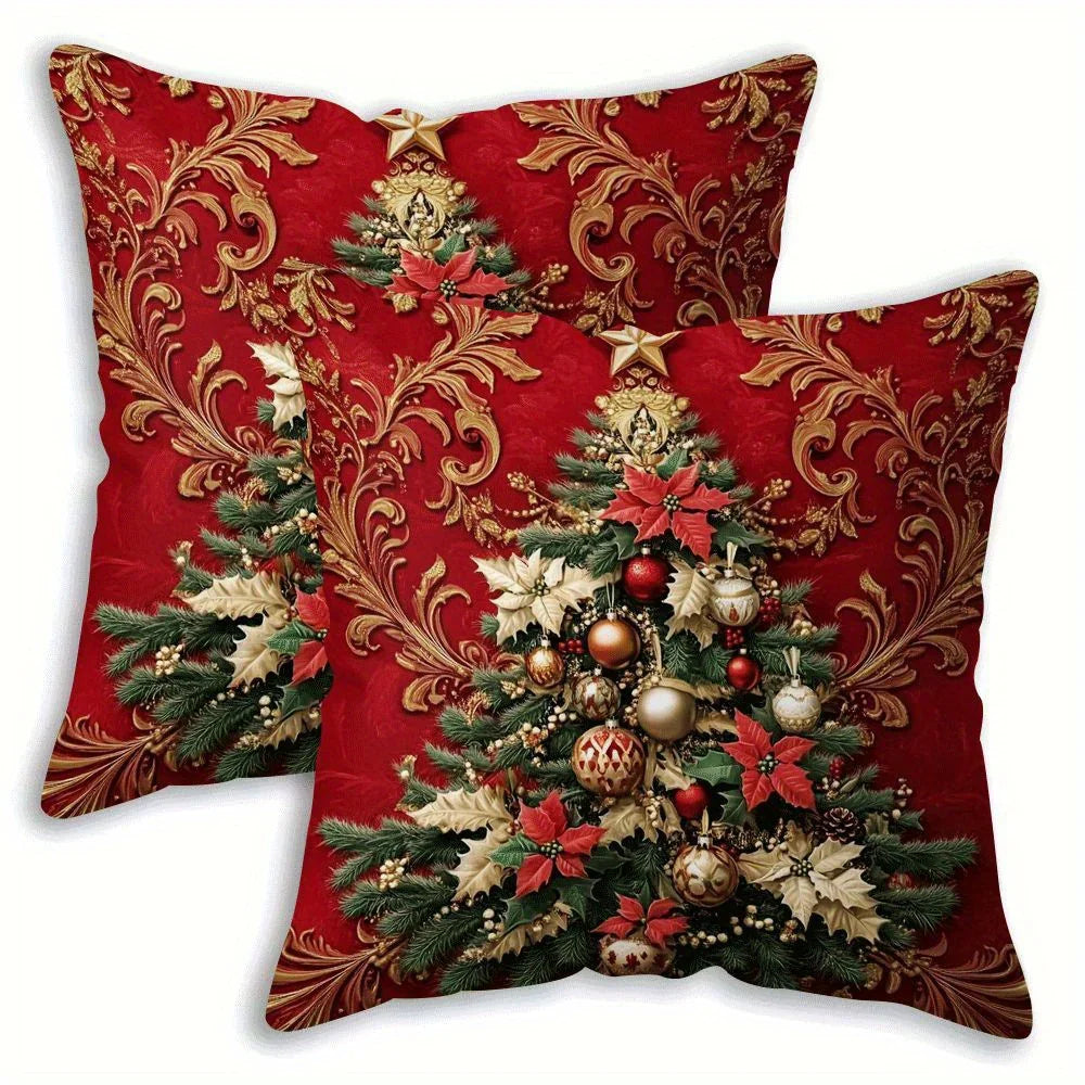 2pcs Festive Christmas Tree Throw Pillow Covers - Elegant Red with Golden Ornament Design, Zippered, Machine Washable Polyester, Perfect for Sofa & Bed Holiday Decor (Covers Only), Christmas Pillow Covers House Of Avana