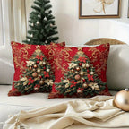 2pcs Festive Christmas Tree Throw Pillow Covers - Elegant Red with Golden Ornament Design, Zippered, Machine Washable Polyester, Perfect for Sofa & Bed Holiday Decor (Covers Only), Christmas Pillow Covers House Of Avana