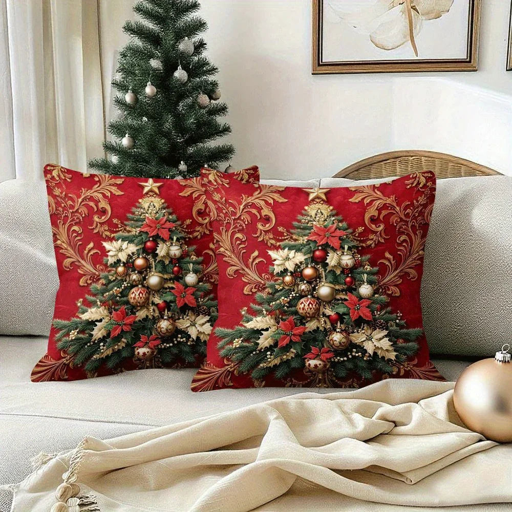 2pcs Festive Christmas Tree Throw Pillow Covers - Elegant Red with Golden Ornament Design, Zippered, Machine Washable Polyester, Perfect for Sofa & Bed Holiday Decor (Covers Only), Christmas Pillow Covers House Of Avana