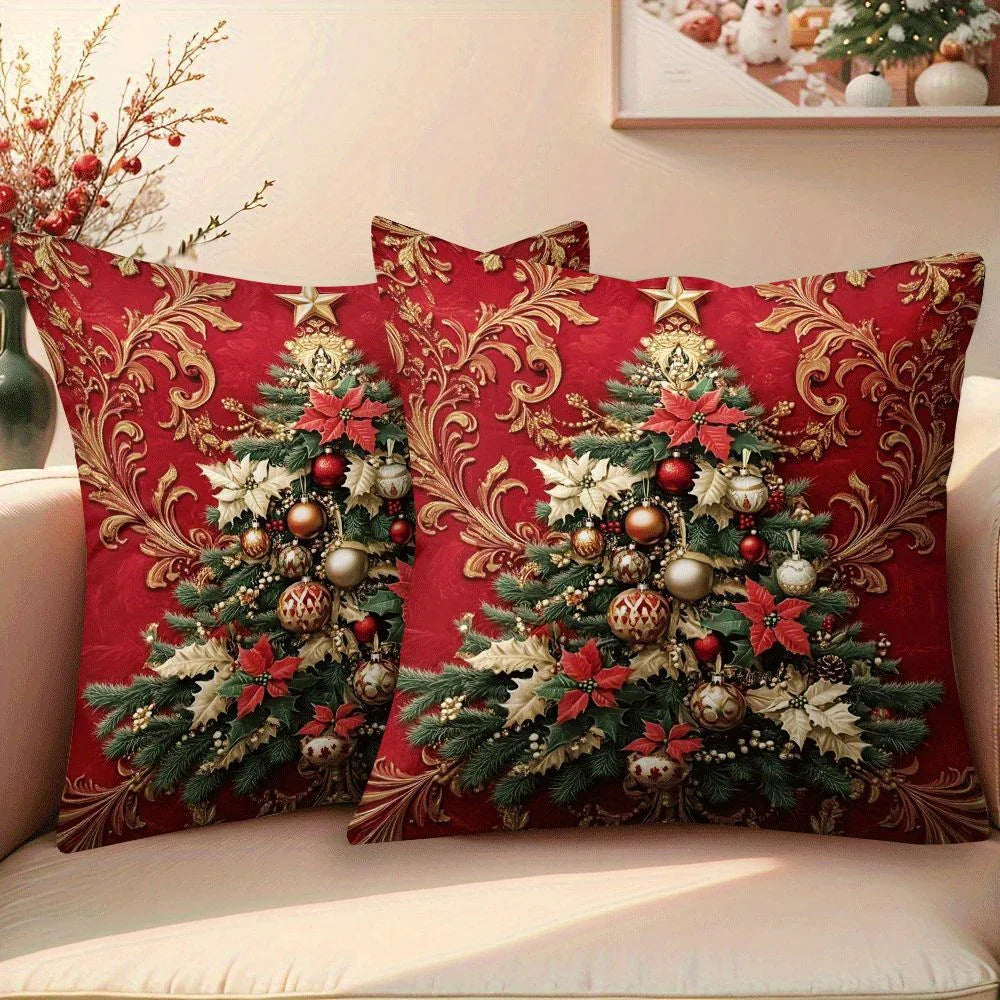 2pcs Festive Christmas Tree Throw Pillow Covers - Elegant Red with Golden Ornament Design, Zippered, Machine Washable Polyester, Perfect for Sofa & Bed Holiday Decor (Covers Only), Christmas Pillow Covers House Of Avana