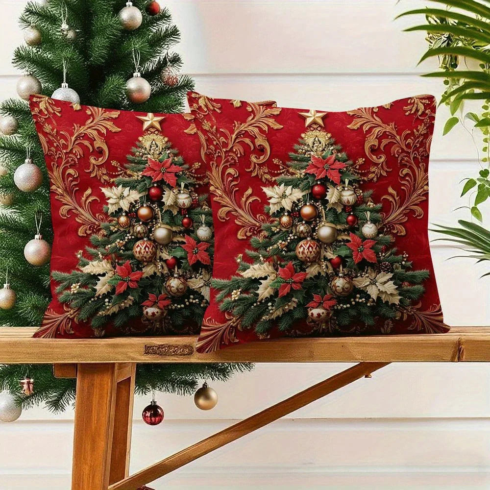 2pcs Festive Christmas Tree Throw Pillow Covers - Elegant Red with Golden Ornament Design, Zippered, Machine Washable Polyester, Perfect for Sofa & Bed Holiday Decor (Covers Only), Christmas Pillow Covers House Of Avana