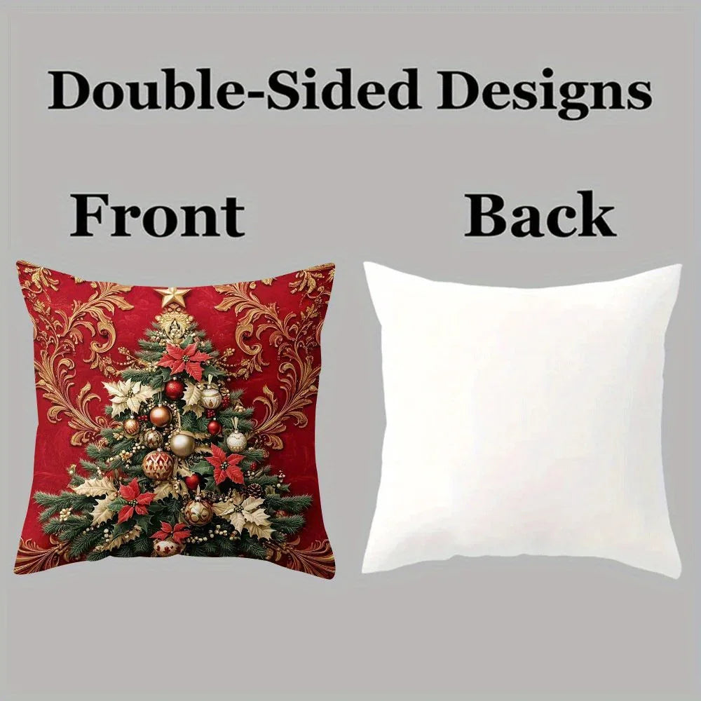 2pcs Festive Christmas Tree Throw Pillow Covers - Elegant Red with Golden Ornament Design, Zippered, Machine Washable Polyester, Perfect for Sofa & Bed Holiday Decor (Covers Only), Christmas Pillow Covers House Of Avana