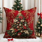 2pcs Festive Christmas Tree Throw Pillow Covers - Elegant Red with Golden Ornament Design, Zippered, Machine Washable Polyester, Perfect for Sofa & Bed Holiday Decor (Covers Only), Christmas Pillow Covers House Of Avana