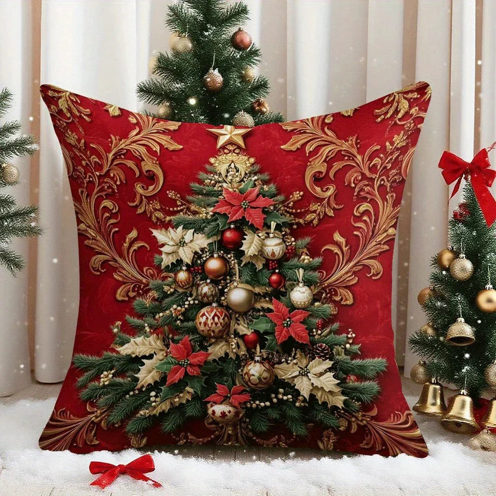 2pcs Festive Christmas Tree Throw Pillow Covers - Elegant Red with Golden Ornament Design, Zippered, Machine Washable Polyester, Perfect for Sofa & Bed Holiday Decor (Covers Only), Christmas Pillow Covers House Of Avana