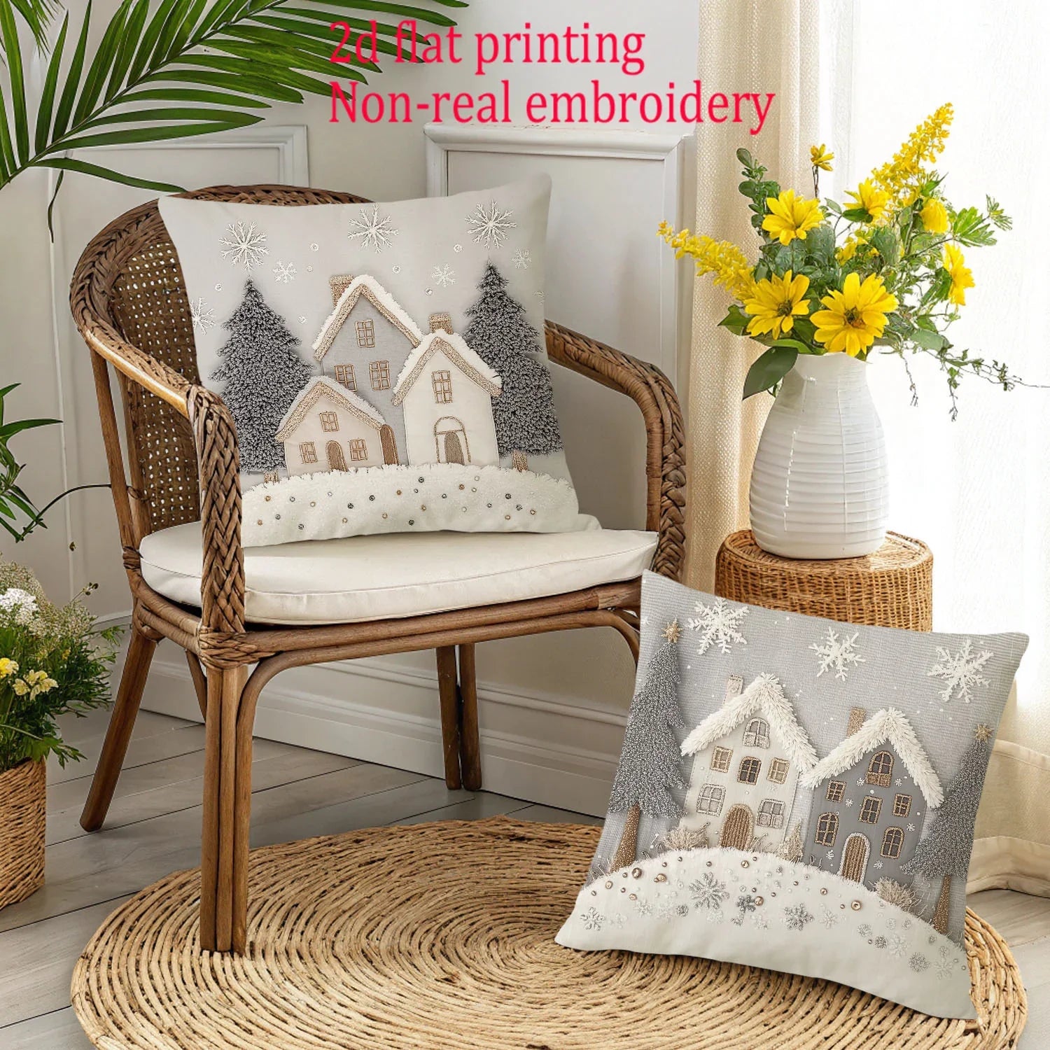 [JIT]2pcs, 2D Flat Printed Christmas Throw Pillow Covers, 45.72cm*45.72cm, 40.64cm*40.64cm, 50.8cm*50.8cm, Non-real Embroidery Cabin Room Decor Cushion Covers, Zipper Closure Polyester Farmhouse Winter Pillowcase for Bedroom House Of Avana