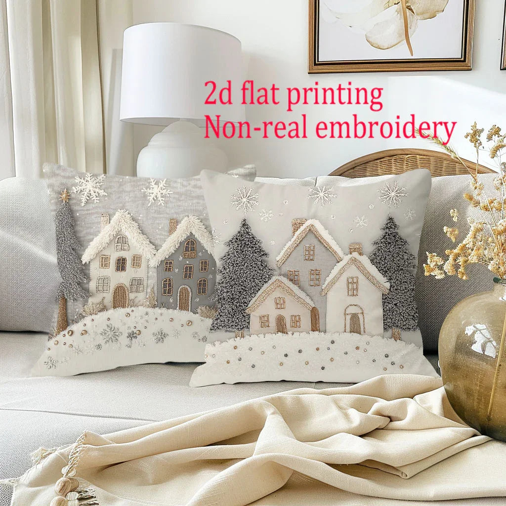 [JIT]2pcs, 2D Flat Printed Christmas Throw Pillow Covers, 45.72cm*45.72cm, 40.64cm*40.64cm, 50.8cm*50.8cm, Non-real Embroidery Cabin Room Decor Cushion Covers, Zipper Closure Polyester Farmhouse Winter Pillowcase for Bedroom House Of Avana