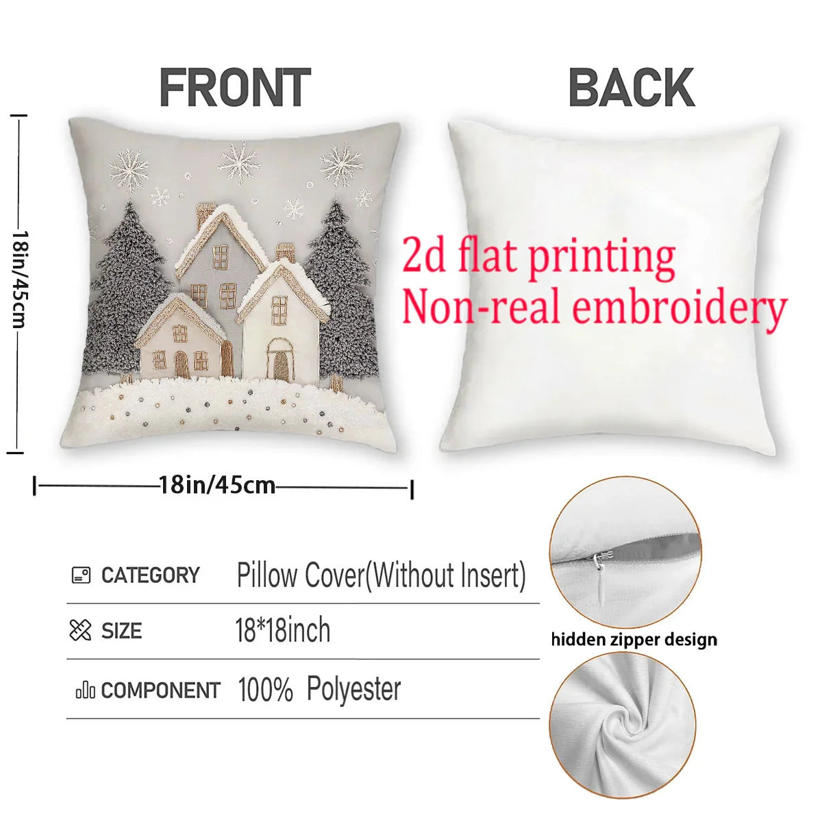 [JIT]2pcs, 2D Flat Printed Christmas Throw Pillow Covers, 45.72cm*45.72cm, 40.64cm*40.64cm, 50.8cm*50.8cm, Non-real Embroidery Cabin Room Decor Cushion Covers, Zipper Closure Polyester Farmhouse Winter Pillowcase for Bedroom House Of Avana