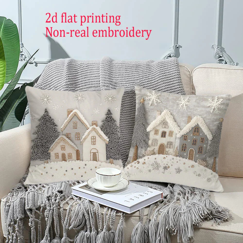 [JIT]2pcs, 2D Flat Printed Christmas Throw Pillow Covers, 45.72cm*45.72cm, 40.64cm*40.64cm, 50.8cm*50.8cm, Non-real Embroidery Cabin Room Decor Cushion Covers, Zipper Closure Polyester Farmhouse Winter Pillowcase for Bedroom House Of Avana
