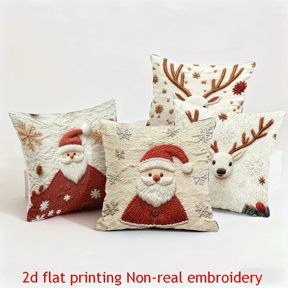 4pcs Christmas Reindeer Pillow Covers Compatible for Sofa Bed - Faux Embellished Deer Design, Zippered Machine-Washable Polyester Cases, Holiday Decor (18x18), Fits Modern & Traditional Decorations, Inserts Not Included House Of Avana