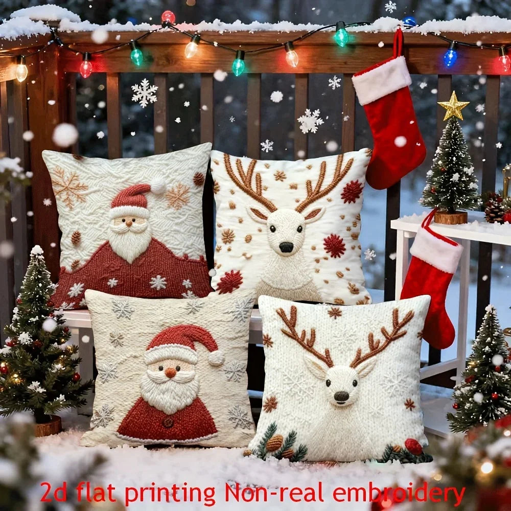 4pcs Christmas Reindeer Pillow Covers Compatible for Sofa Bed - Faux Embellished Deer Design, Zippered Machine-Washable Polyester Cases, Holiday Decor (18x18), Fits Modern & Traditional Decorations, Inserts Not Included House Of Avana