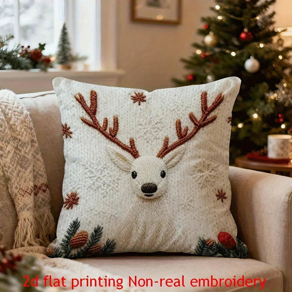 4pcs Christmas Reindeer Pillow Covers Compatible for Sofa Bed - Faux Embellished Deer Design, Zippered Machine-Washable Polyester Cases, Holiday Decor (18x18), Fits Modern & Traditional Decorations, Inserts Not Included House Of Avana