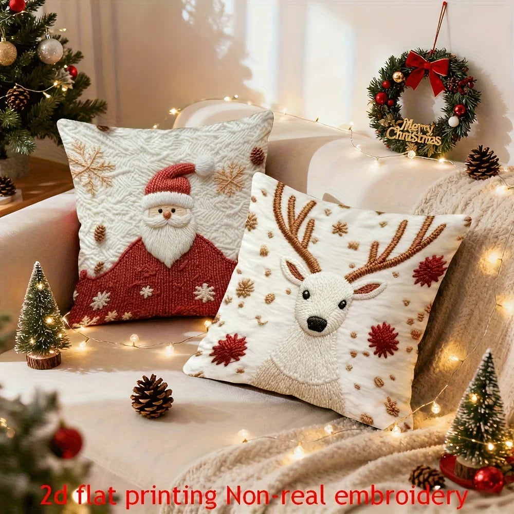 4pcs Christmas Reindeer Pillow Covers Compatible for Sofa Bed - Faux Embellished Deer Design, Zippered Machine-Washable Polyester Cases, Holiday Decor (18x18), Fits Modern & Traditional Decorations, Inserts Not Included House Of Avana