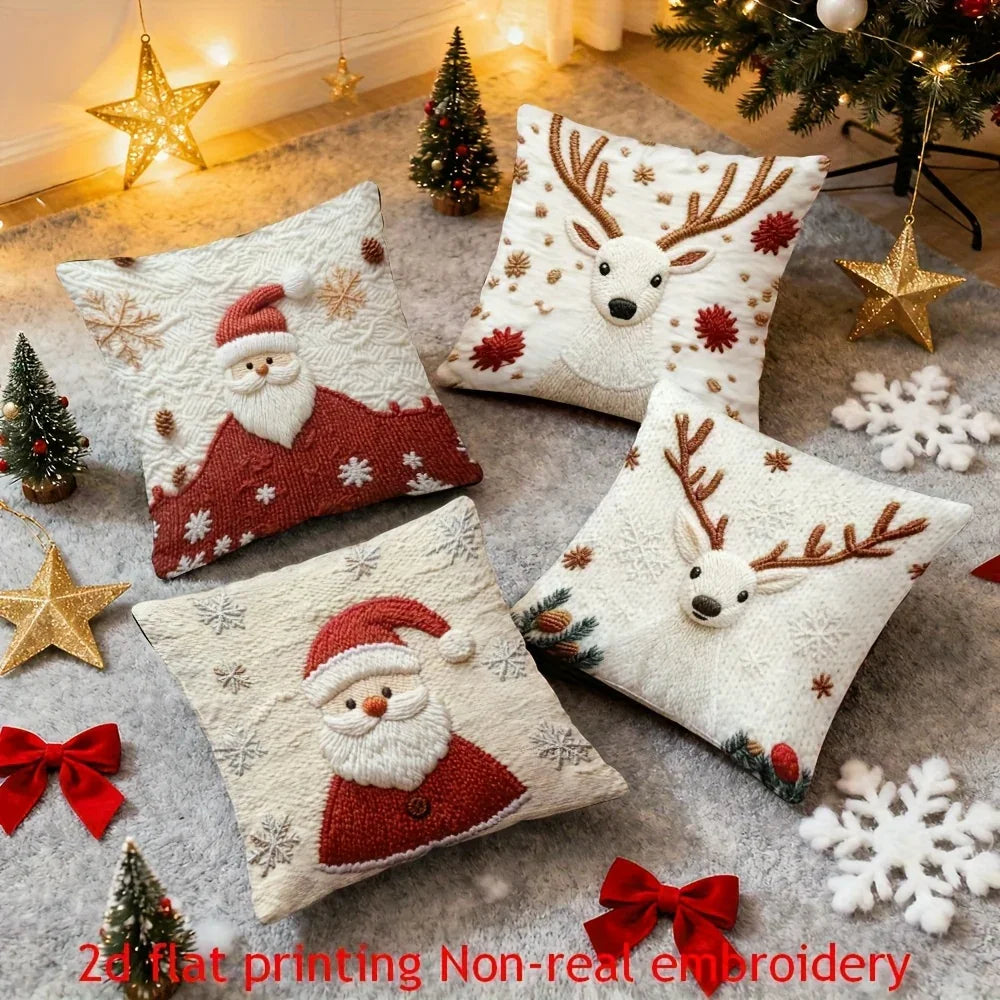 4pcs Christmas Reindeer Pillow Covers Compatible for Sofa Bed - Faux Embellished Deer Design, Zippered Machine-Washable Polyester Cases, Holiday Decor (18x18), Fits Modern & Traditional Decorations, Inserts Not Included House Of Avana