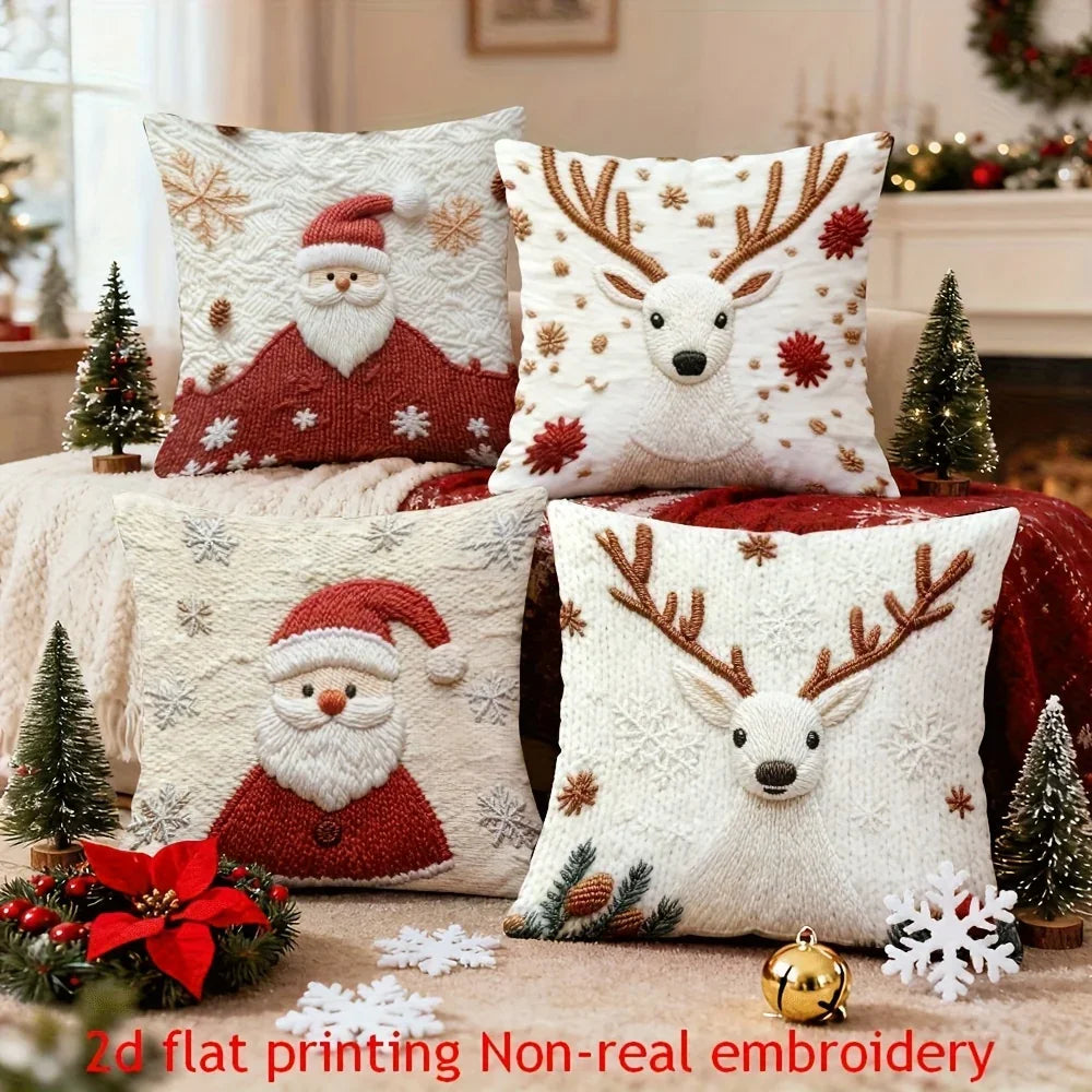 4pcs Christmas Reindeer Pillow Covers Compatible for Sofa Bed - Faux Embellished Deer Design, Zippered Machine-Washable Polyester Cases, Holiday Decor (18x18), Fits Modern & Traditional Decorations, Inserts Not Included House Of Avana