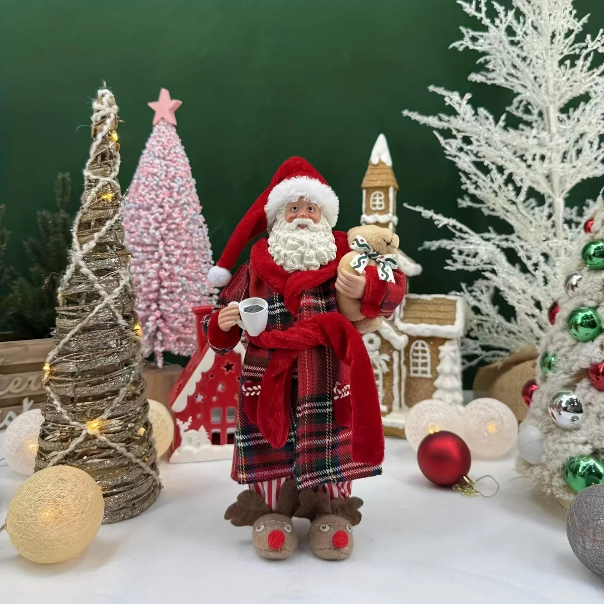 [Vintage Santa Claus Figurine] 1pc Vintage Christmas Santa Claus Figurine in Pajamas - 11" Polyester Holiday Decor with Red & Green Plaid, Teddy Bear & Coffee Cup, Indoor Decoration for Home, Kitchen, Parties - No Electricity House Of Avana [[SKU:HOA-SCU-233]]