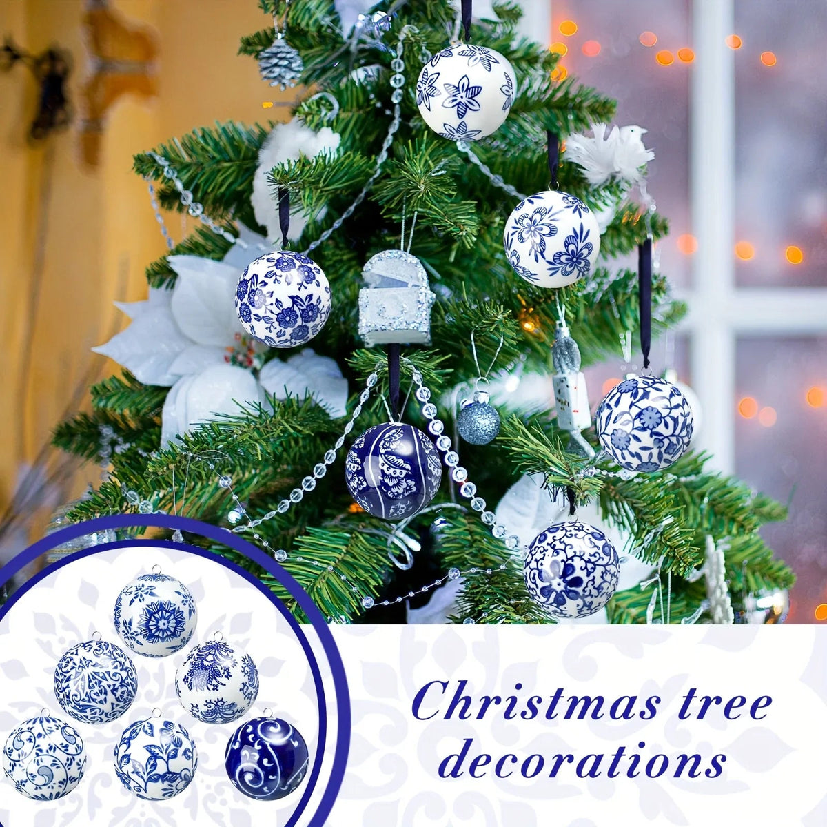 12 Christmas Ceramic Balls 2.4 Inch Blue and White Porcelain Chinese Style Decorations Wholesale Ceramic Hanging Decorative Ceramic Decorations Home Tree Decorative Christmas Party (Elegant Style), Seasonal Ornaments, Festive House Of Avana [[SKU:HOA-SCU-209]]