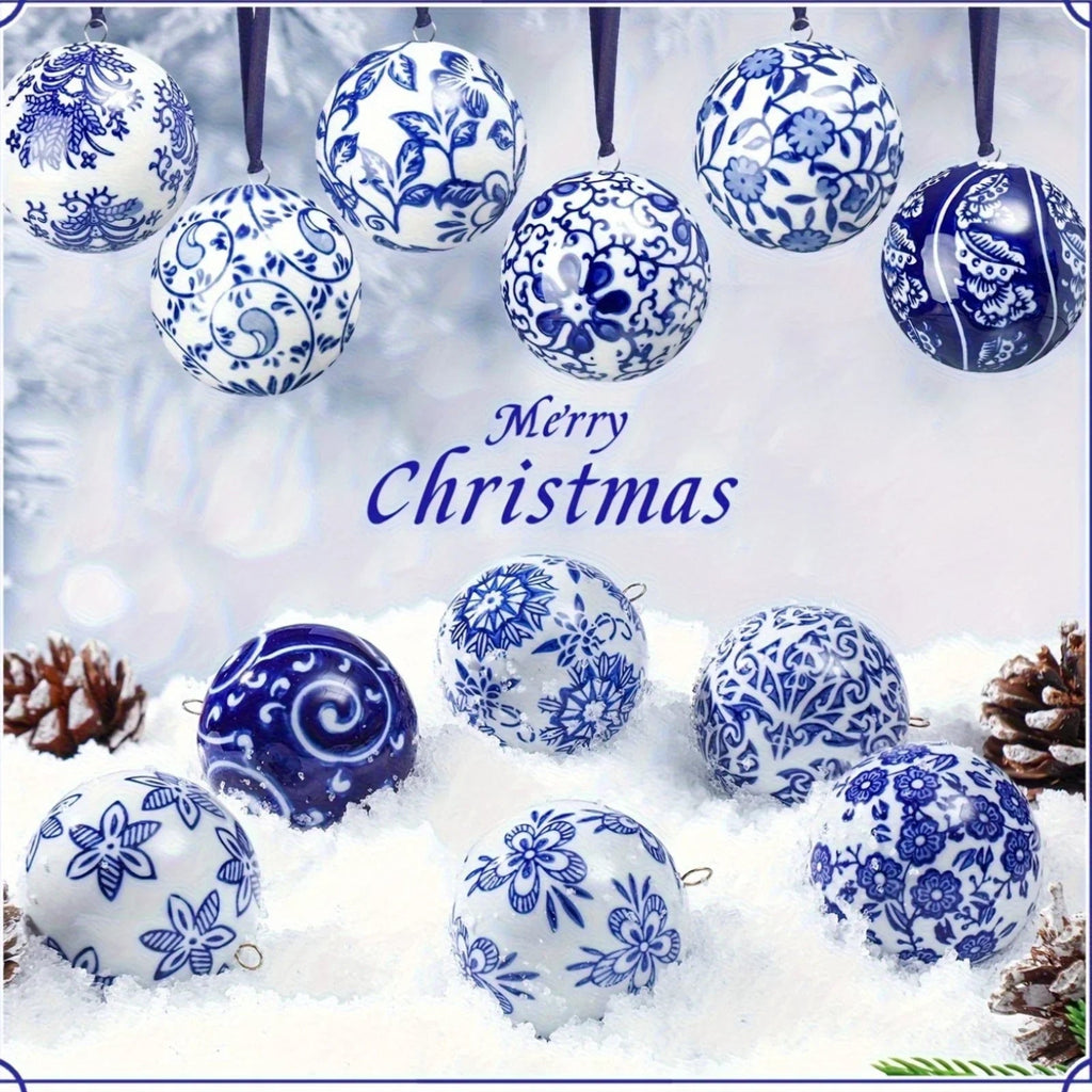 12 Christmas Ceramic Balls 2.4 Inch Blue and White Porcelain Chinese Style Decorations Wholesale Ceramic Hanging Decorative Ceramic Decorations Home Tree Decorative Christmas Party (Elegant Style), Seasonal Ornaments, Festive House Of Avana [[SKU:HOA-SCU-209]]