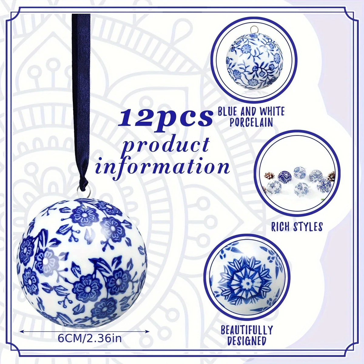12 Christmas Ceramic Balls 2.4 Inch Blue and White Porcelain Chinese Style Decorations Wholesale Ceramic Hanging Decorative Ceramic Decorations Home Tree Decorative Christmas Party (Elegant Style), Seasonal Ornaments, Festive House Of Avana [[SKU:HOA-SCU-209]]
