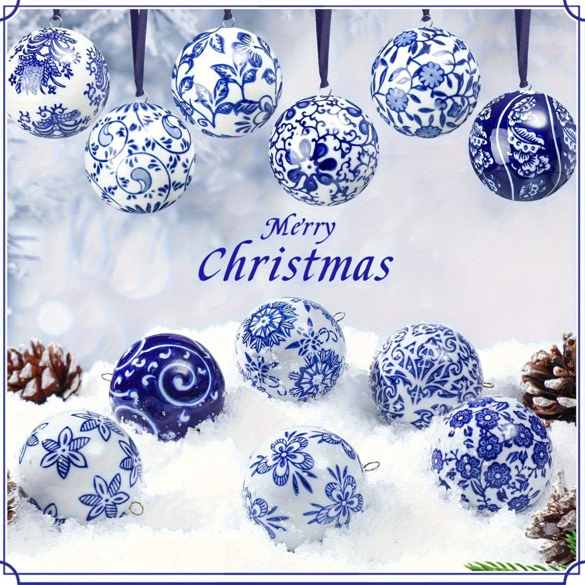 12 Christmas Ceramic Balls 2.4 Inch Blue and White Porcelain Chinese Style Decorations Wholesale Ceramic Hanging Decorative Ceramic Decorations Home Tree Decorative Christmas Party (Elegant Style), Seasonal Ornaments, Festive House Of Avana [[SKU:HOA-SCU-209]]