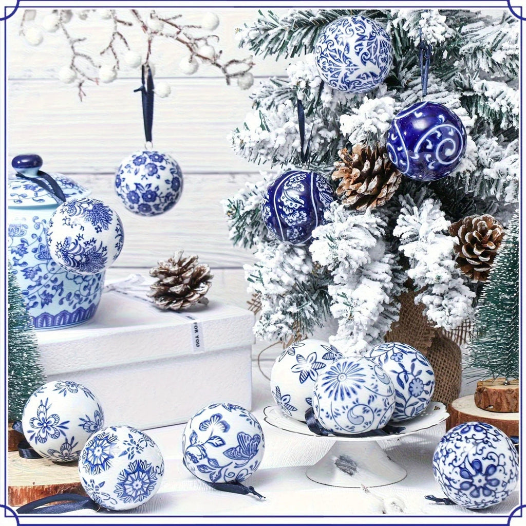 12 Christmas Ceramic Balls 2.4 Inch Blue and White Porcelain Chinese Style Decorations Wholesale Ceramic Hanging Decorative Ceramic Decorations Home Tree Decorative Christmas Party (Elegant Style), Seasonal Ornaments, Festive House Of Avana [[SKU:HOA-SCU-209]]