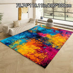 Colorful abstract rug on a wooden floor with a modern living room setting.