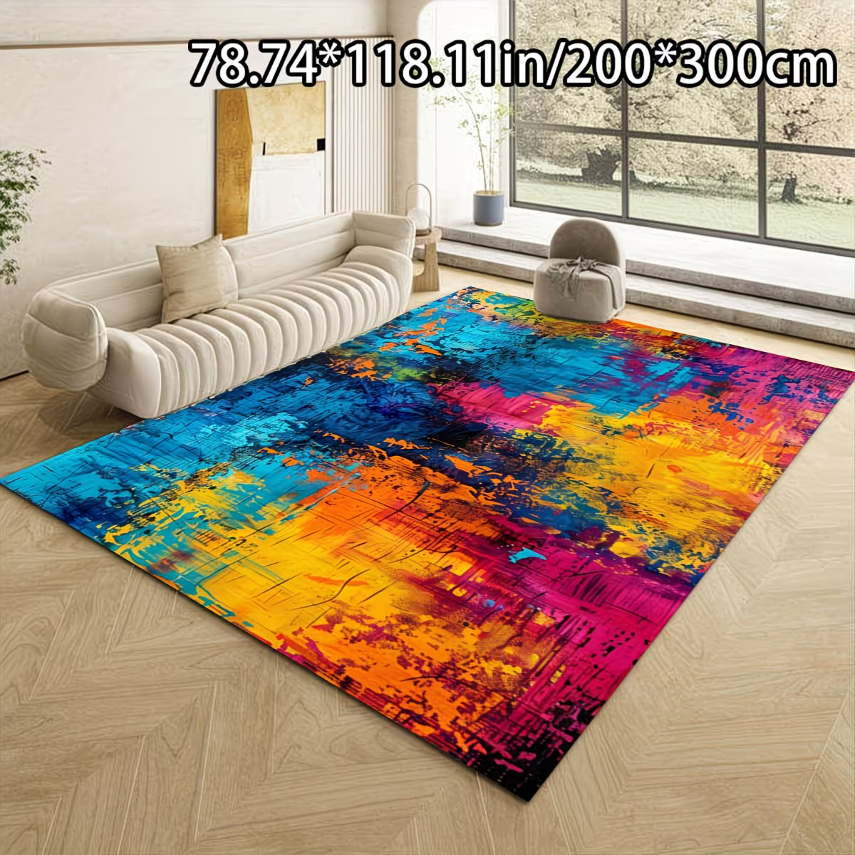 Colorful abstract rug on a wooden floor with a modern living room setting.