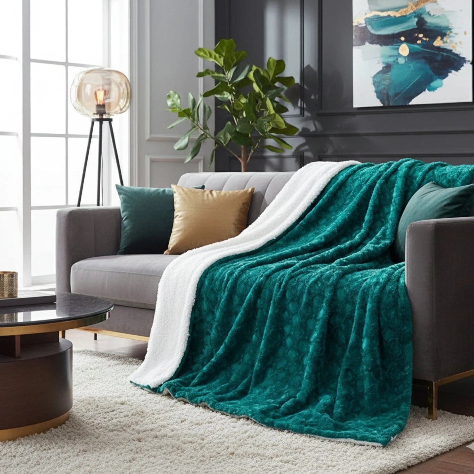 DaDa Bedding Mermaid Scales Emerald Green Blue w/ Sherpa Backside Faux Fur Throw Blanket (BL-171805) DaDalogy Bedding Collection