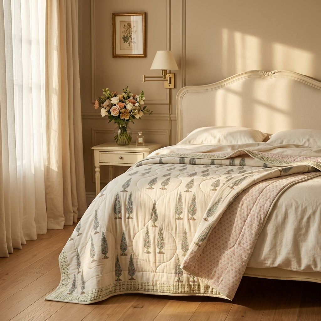 A beautifully styled bedroom featuring a quilted comforter with a tree pattern in muted green and beige, layered with a pink patterned throw blanket. The bed is dressed in cream-colored linens and set against a matching cream-colored wooden headboard.