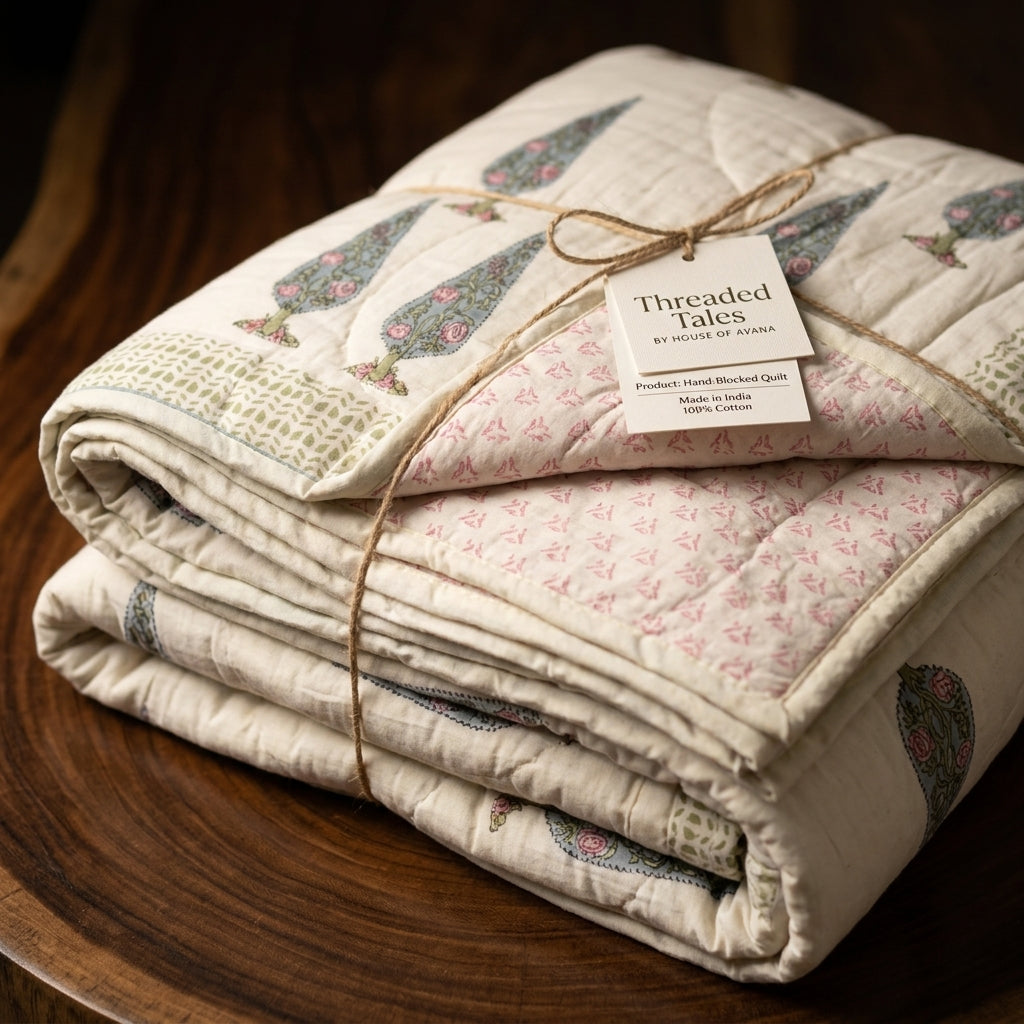 A folded quilted textile product tied with twine and a paper tag reading 'Threaded Tales by Sophia Ganga,' shown on a dark wooden surface. The fabric has a warm cream base with pink floral patterning and muted green paisley motifs.