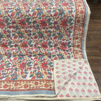 Cream & Rose Pink Dusty Blue Jaipur Indian hand block print floral quilted comforter | Jaipur Indian block print cotton muslin quilted comforter | Sanganer hand block print floral bedding | quilt Queen King size India handicraft | House of Avana